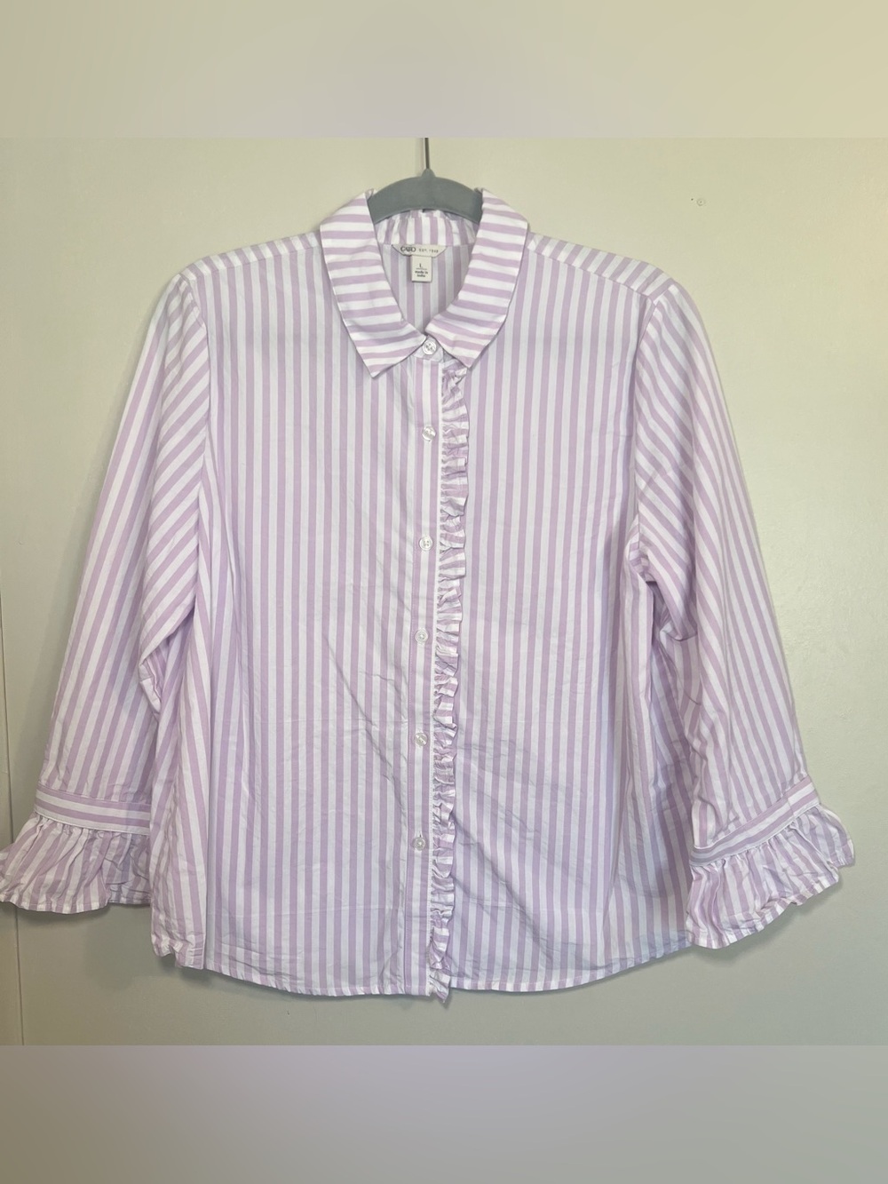 Cato Lavender and White Vertical Stripe Ruffle Button-Down Shirt